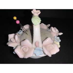 Vintage Pin Cushion Lenwile China Ardalt Japan Verithin Porcelain Basket Sewing